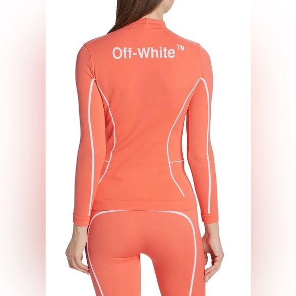 Off-White Off Stamp Seamless Mock Neck Long Sleeve Rib T-Shirt in Coral Red - Picture 3 of 6